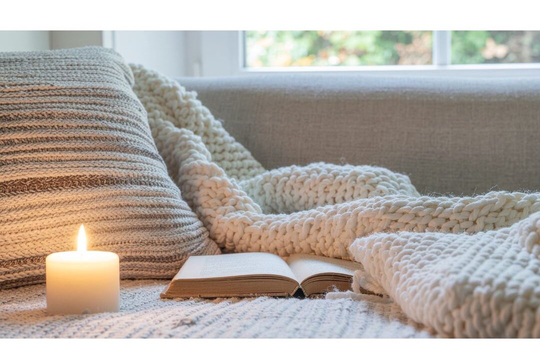 throw pillows, blanket, a lit candle, and low cost upgrades for stay-at-home moms