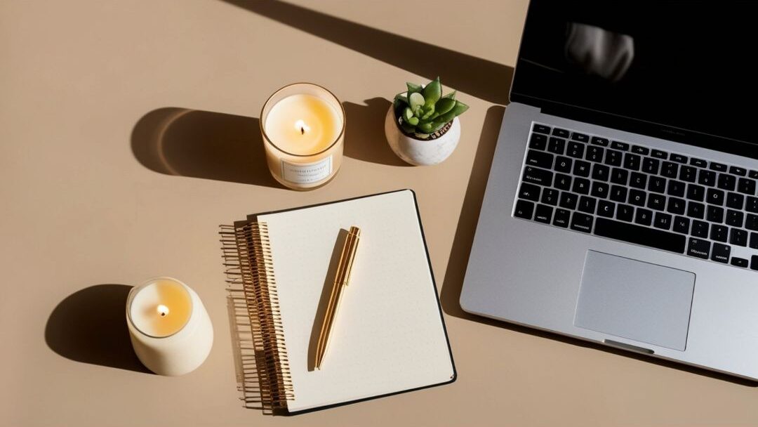 candle on desk as a focus ritual in a small home office for moms