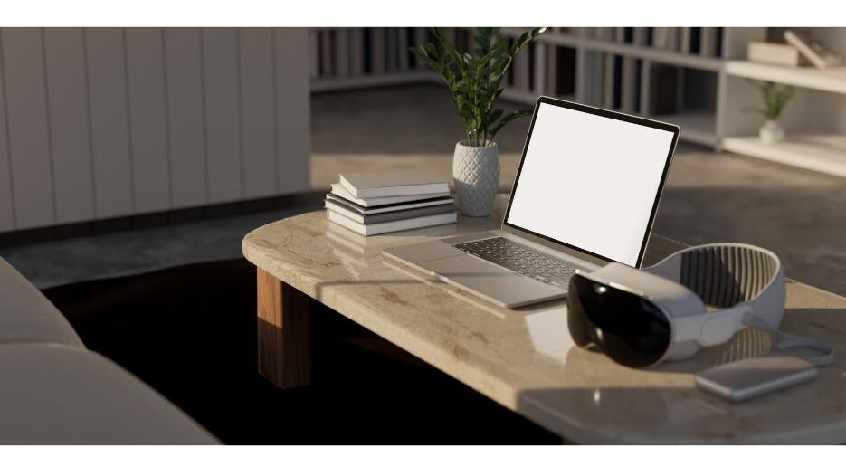 console table behind sofa used as a standing desk for work from home moms