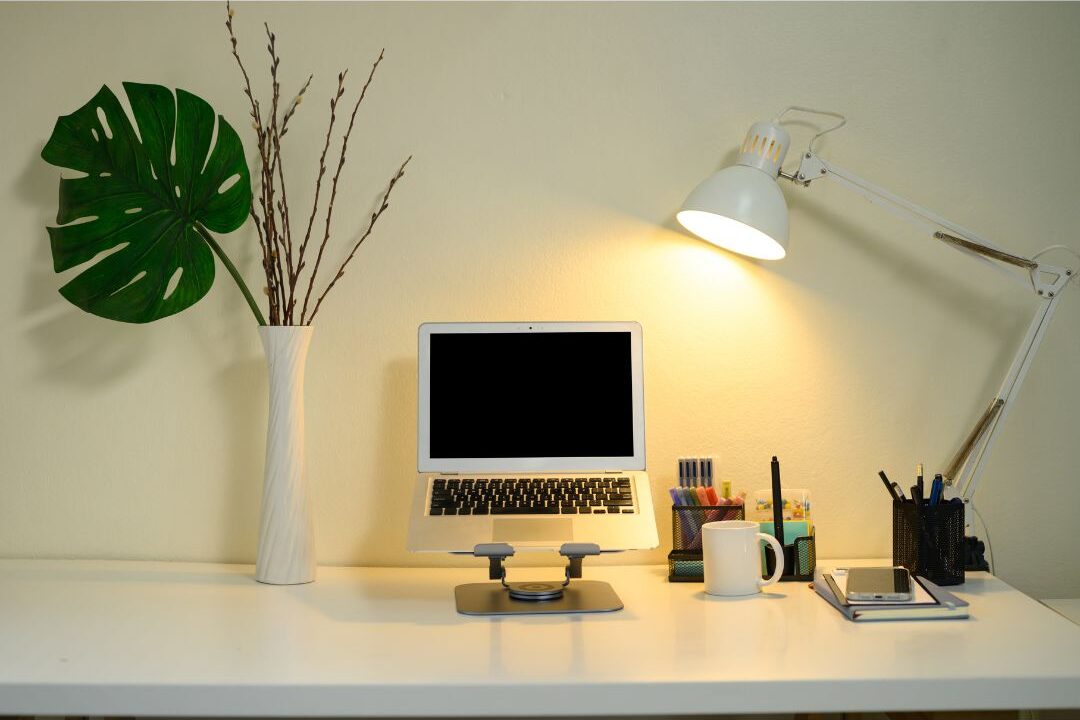 desk lamp as a workspace signal in a shared living room home office