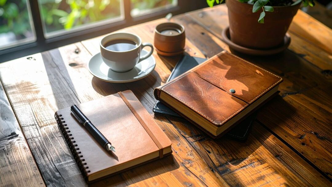 a simple journal and pen on a kitchen table for a mom's morning gratitude practice