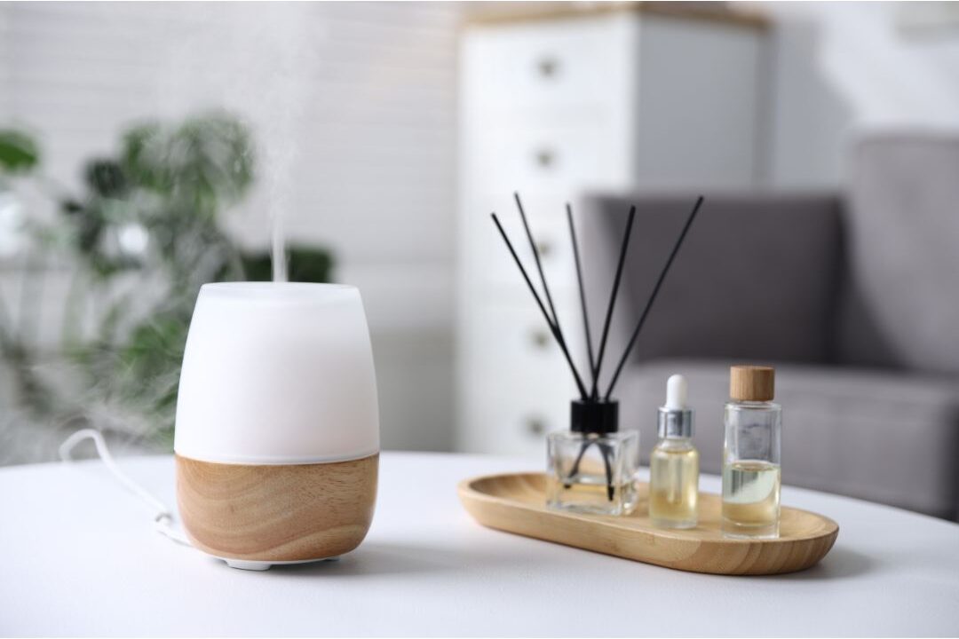 cozy home interior featuring an essential oil diffuser for a fresh scent