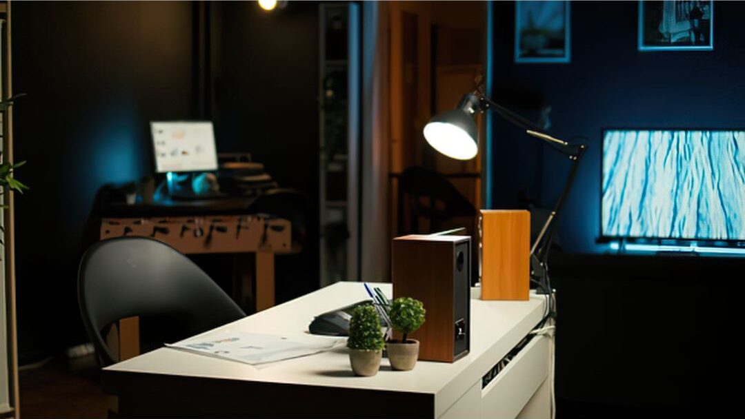 warm lighting in a beautiful work from home space