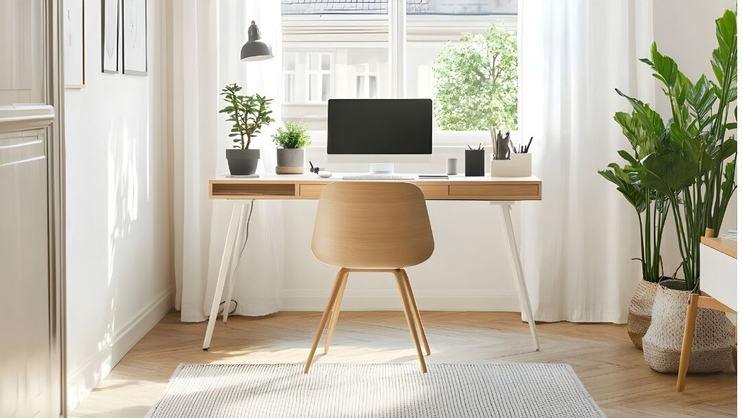 living room corner office as a small home office idea for moms