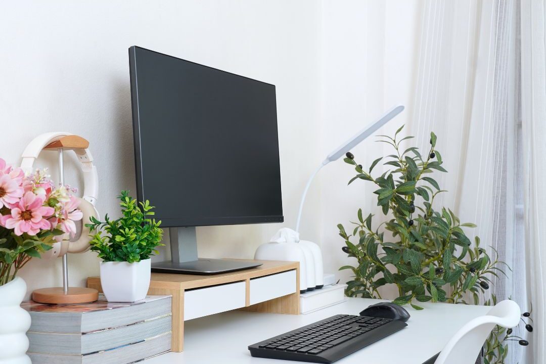 plant on desk in a beautiful work from home space