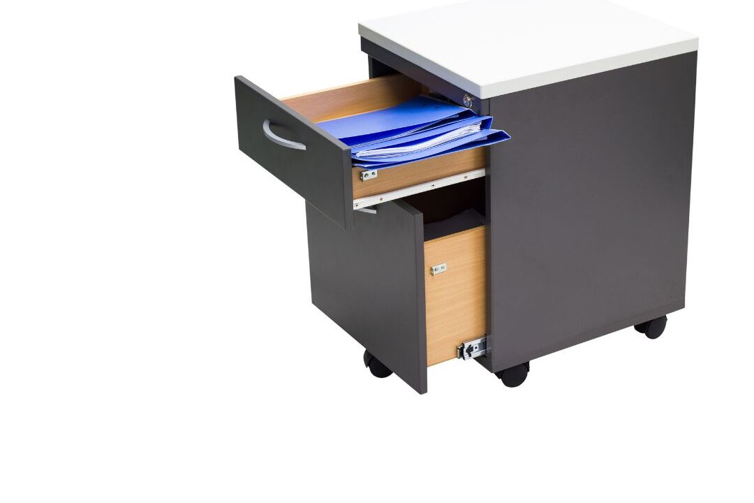 rolling cart storage beside a desk as a small home office idea for moms