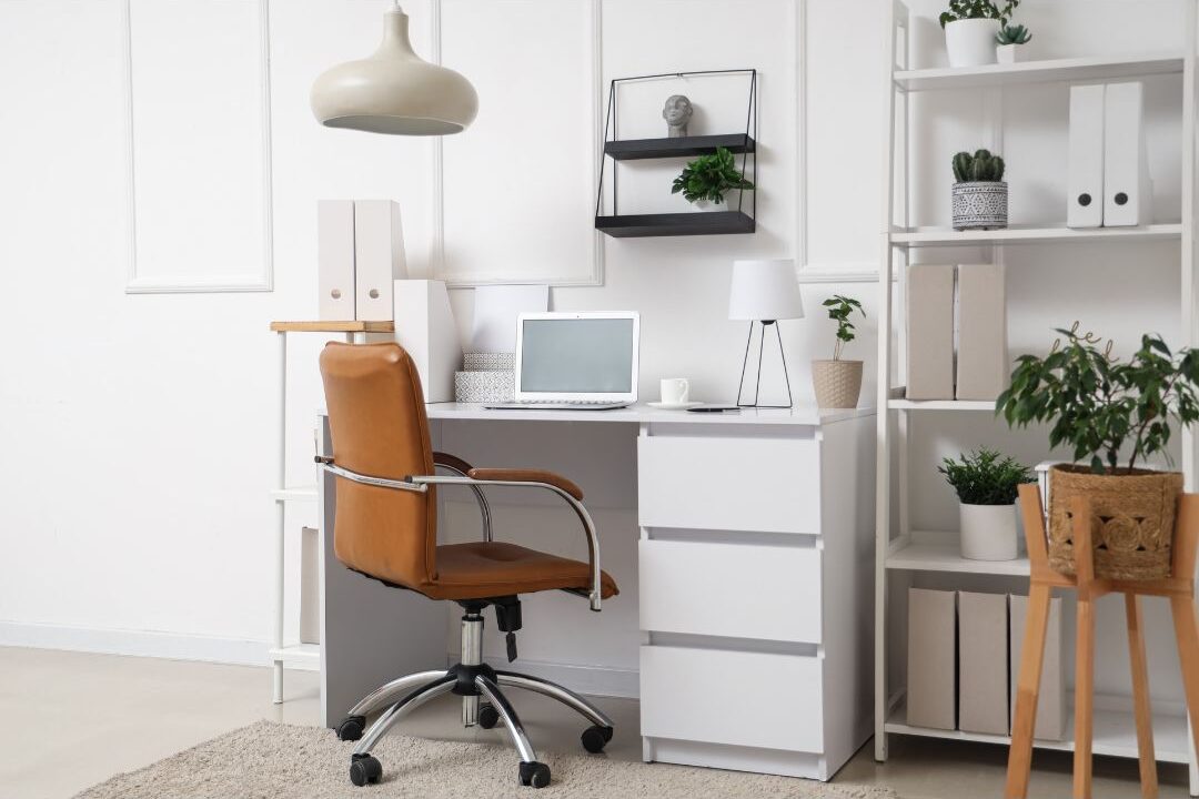 secretary desk closed to hide office supplies in a living room