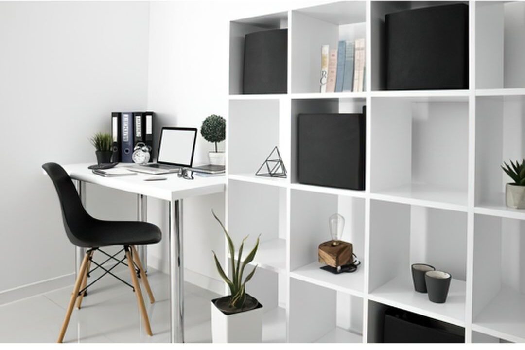 organized storage in a beautiful work from home space