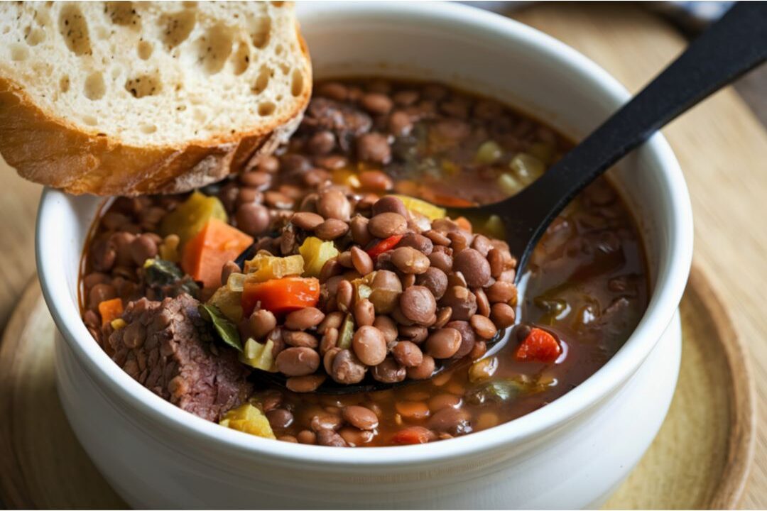 bowl of cooked lentil soup next to fresh whole grain bread highlighting how we cut our grocery bill in half