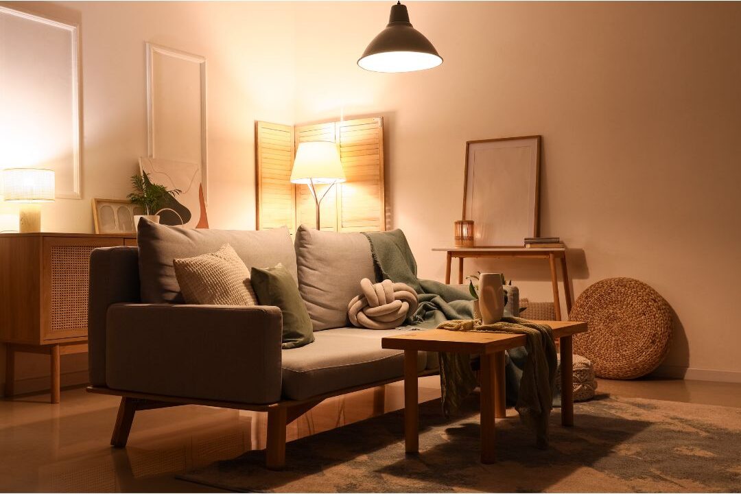 warm lamps lighting up cozy living room evening atmosphere displaying lighting routines