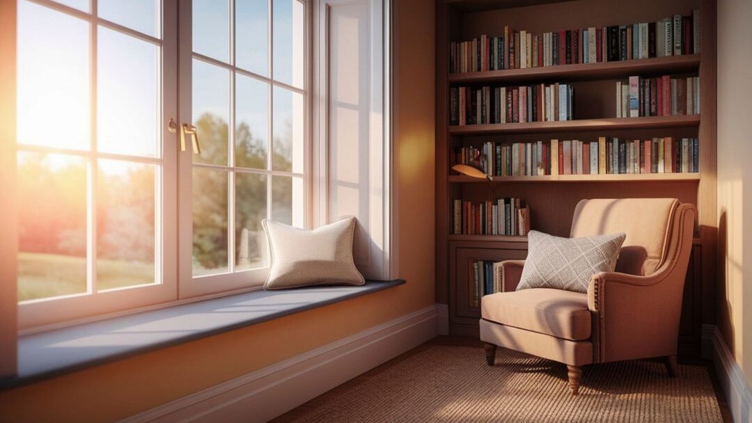 cozy reading nook with floating bookshelf full-length mirror and armchair displaying interior details