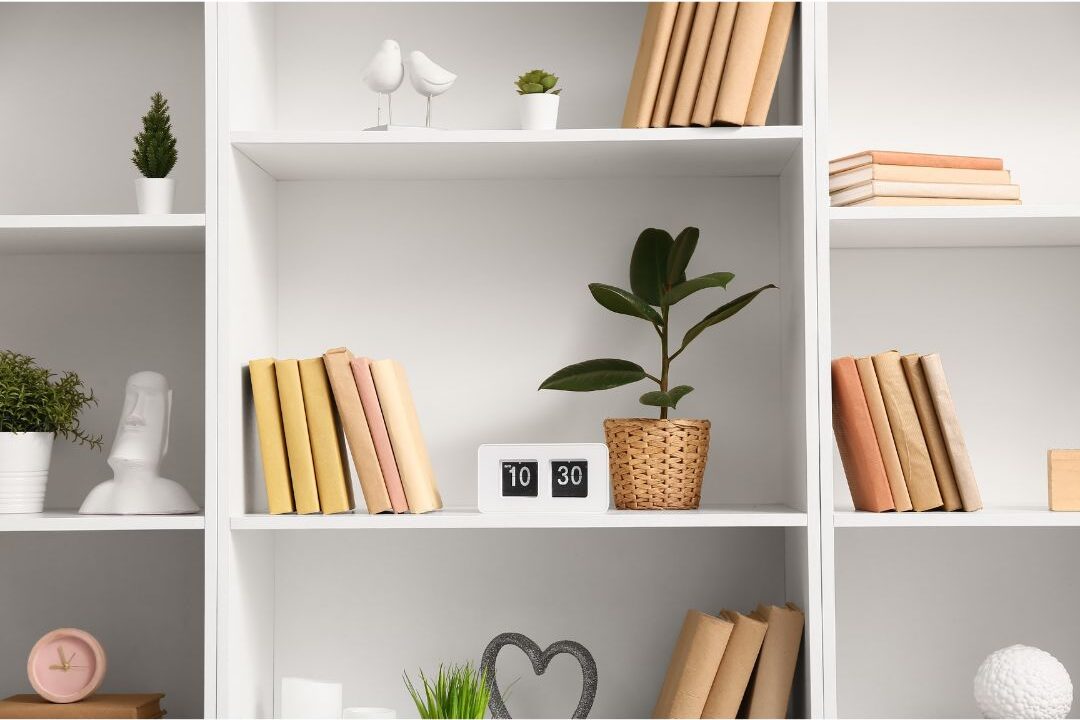 side-by-side comparison of cluttered shelf versus clean styled floating shelf showing decor mistakes that make homes look cluttered