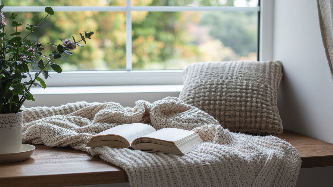 cozy reading nook near a sunlit window with potted plants showing daily sanctuary