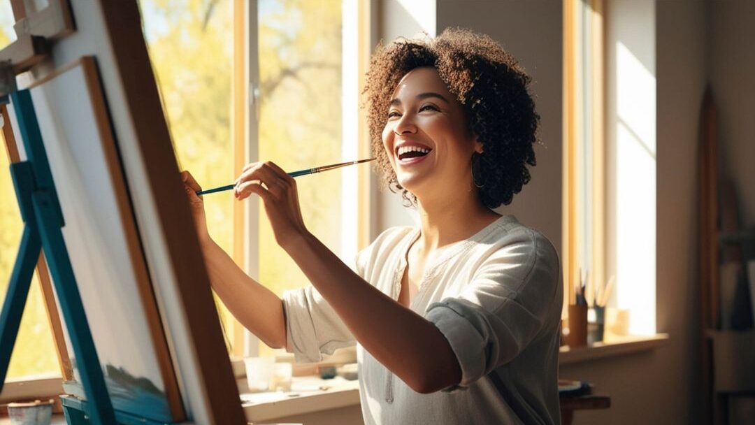 woman happily painting on small canvas near sunlit window learning how to love staying home again