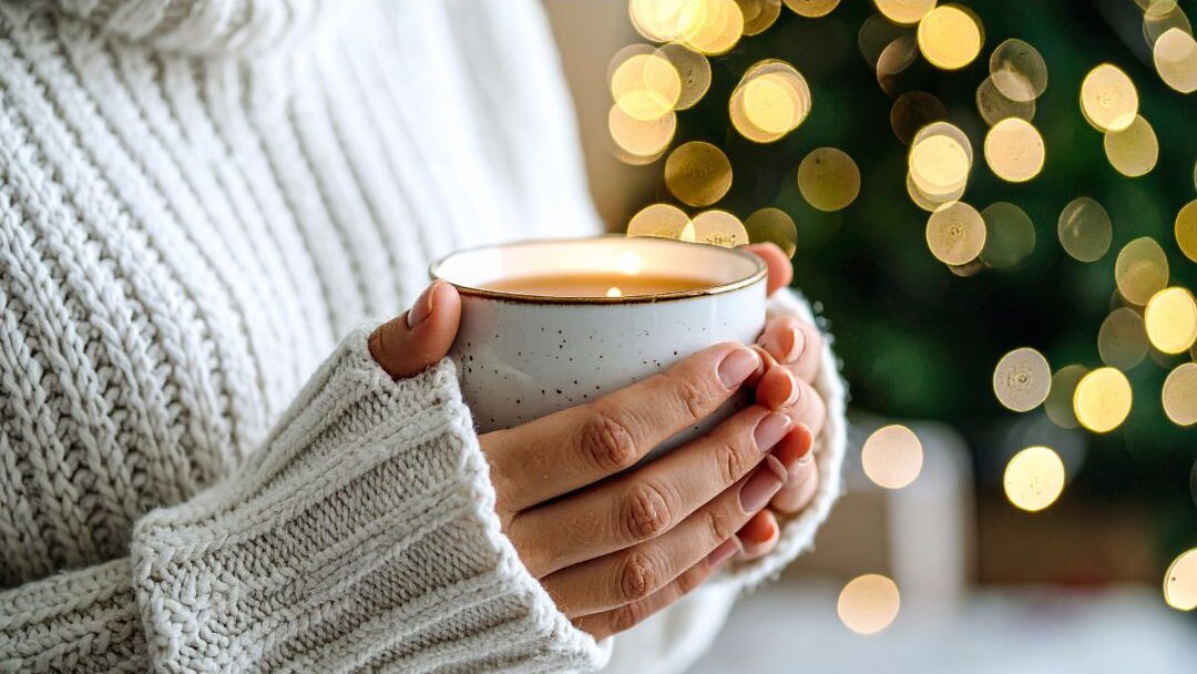 woman holding a warm mug with both hands sitting comfortably