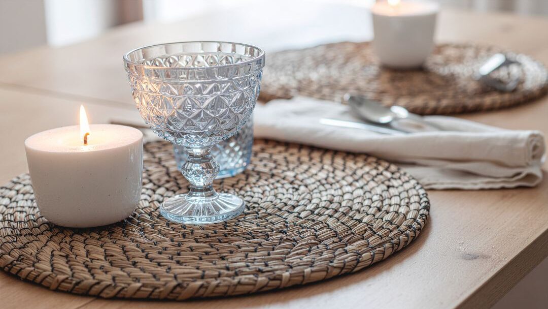 neatly set dining table with cloth napkin candle and simple glassware showing mealtime elegance