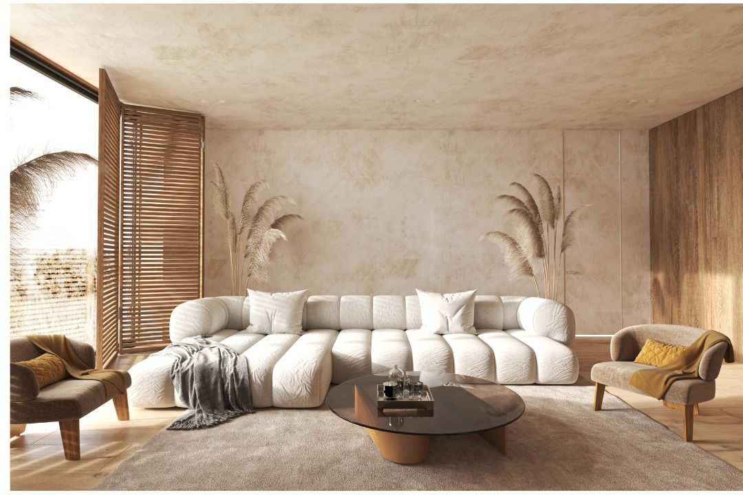 cohesive warm neutral living room with cappuccino walls and beige linen sofa displaying color harmony