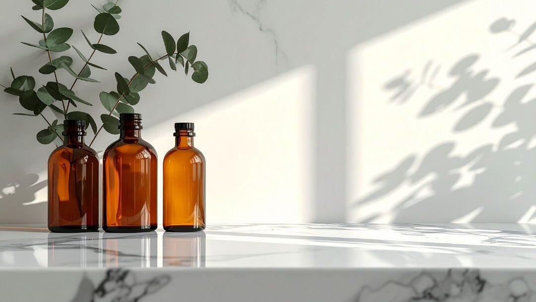 glass amber soap bottles on clean marble kitchen counter showing decanted home supplies