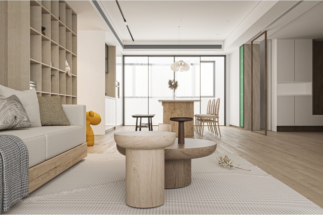 minimalist sunlit living room with clean coffee table and hidden cables showing zero visual noise