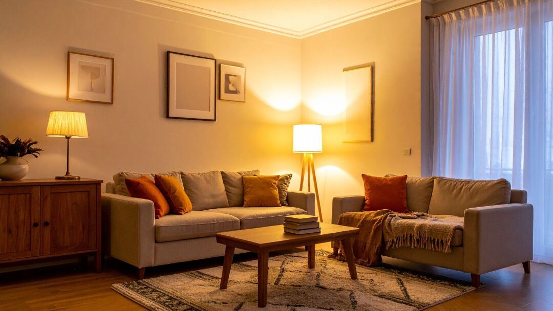 warm living room with glowing lamp and cozy warm atmosphere providing evening peace