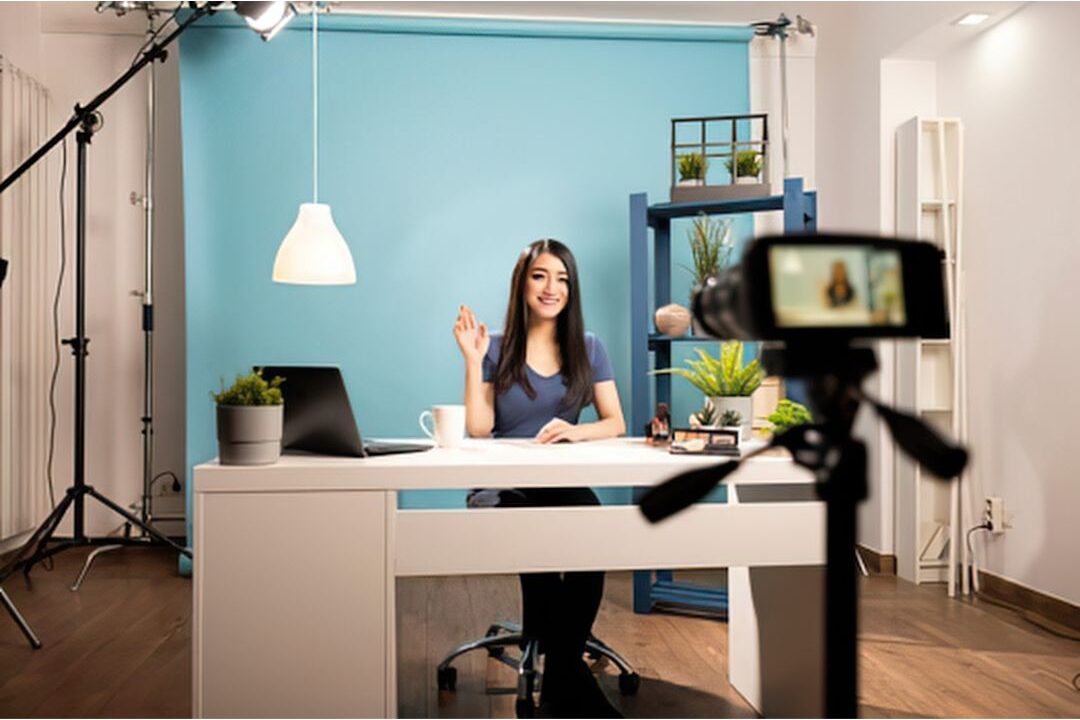 woman recording a digital video presentation on a simple laptop setup