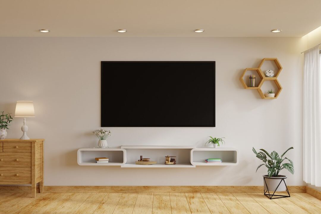 modern living room with hidden TV wires and neat woven storage baskets showing cable management