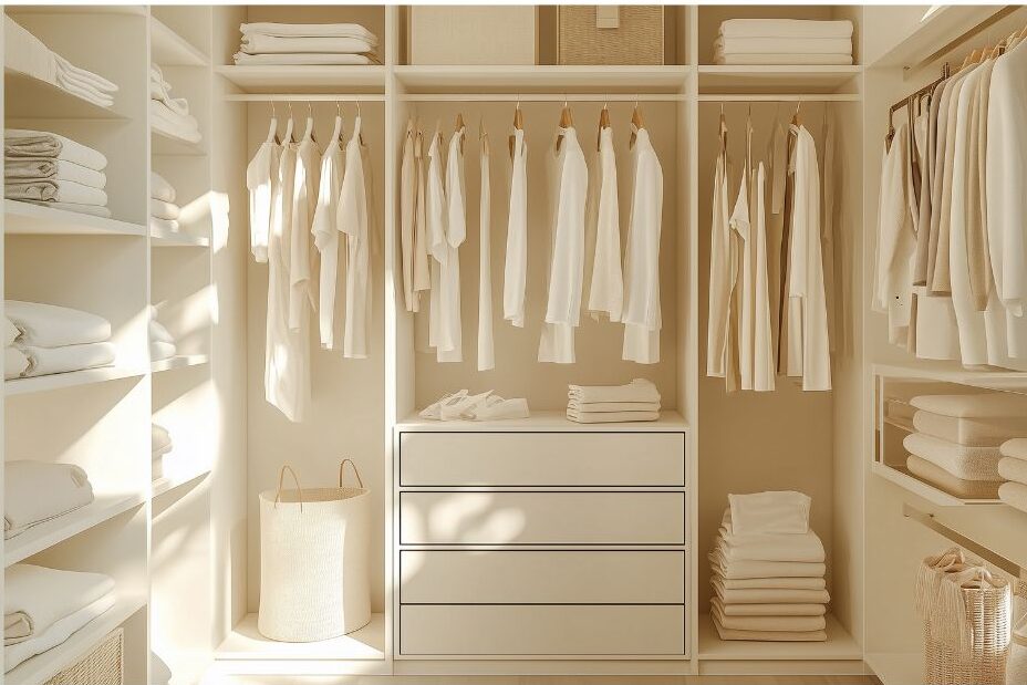 neatly organized neutral capsule wardrobe with folded knitwear and shoes showing timeless style curation