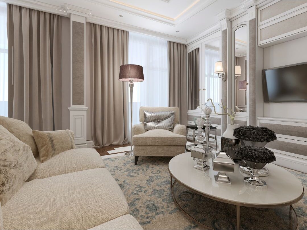luxurious full length linen curtains hanging from ceiling in bright living room illustrating textile design