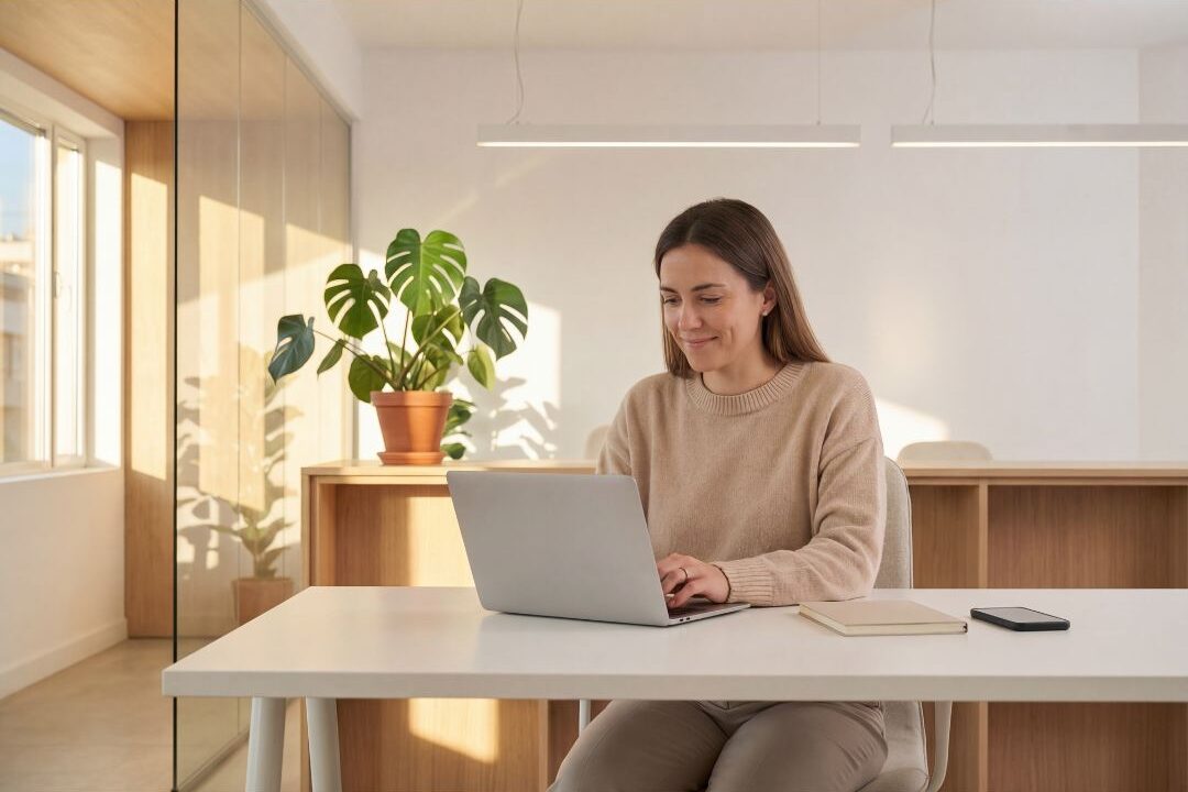 woman working on a computer in a bright minimalist home workspace keeping clear personal boundaries