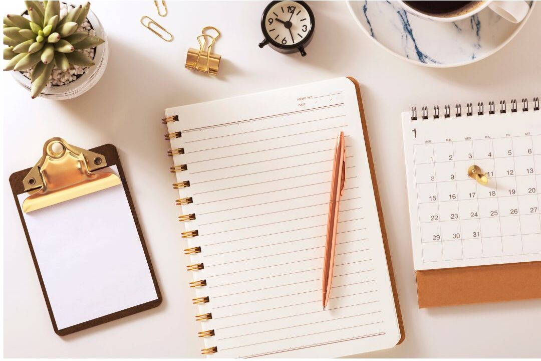 neat desk space with paper planner warm cup and small potted plant organizing daily routines
