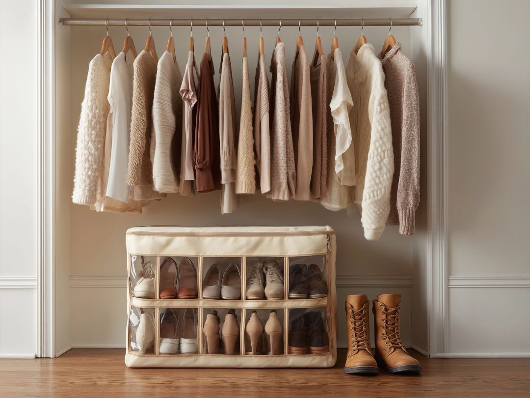 neatly organized closet with neutral clothing on matching wooden hangers showing curated wardrobe