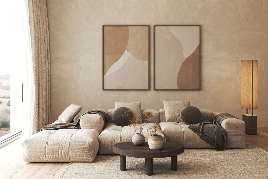 minimalist living room wall with large framed abstract art and wooden bowl showing refined home decor