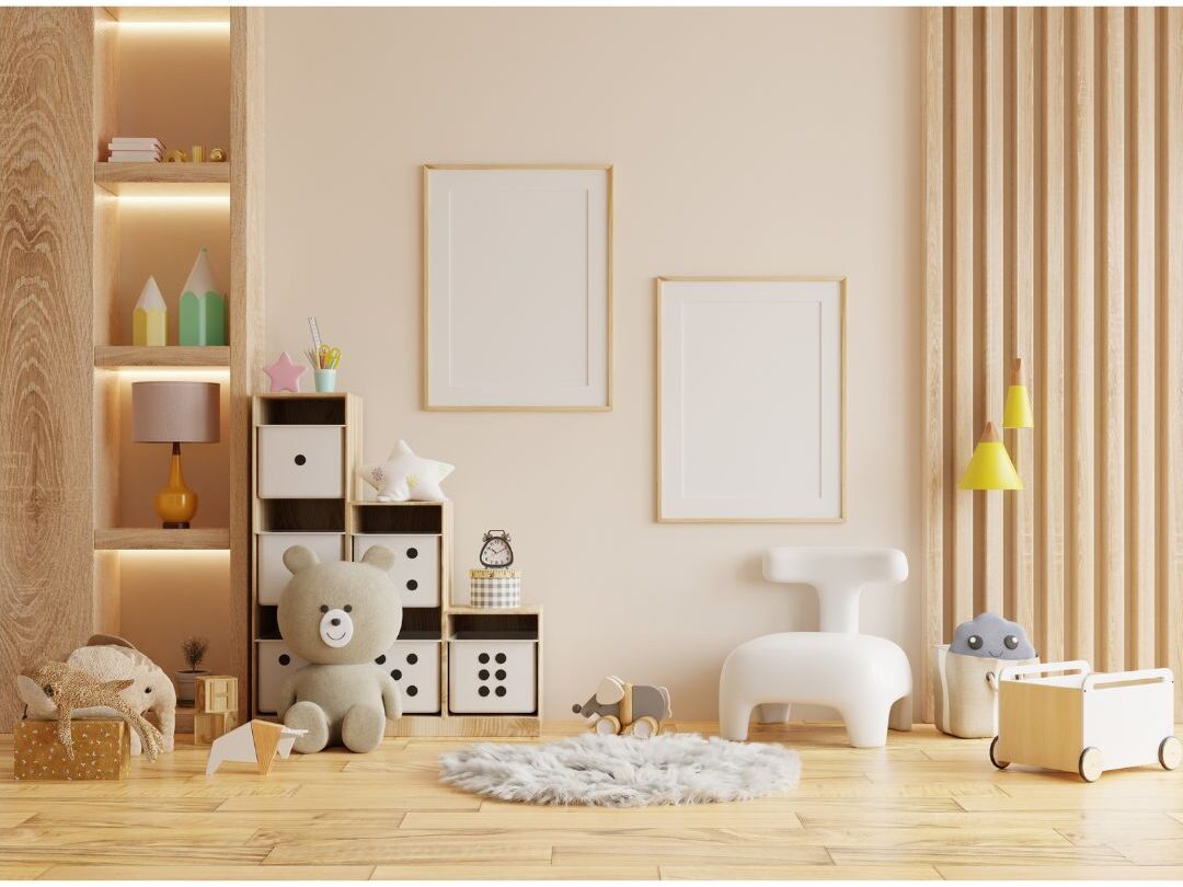 cozy living room with toys neatly placed in wooden bins showing realistic home life