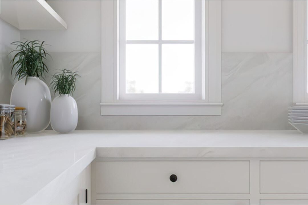 clean minimalist kitchen counters with warm morning natural light representing simplified home care
