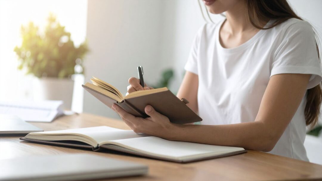 woman writing carefully in paper journal at bright sunlit desk executing the productivity rule every mom should know