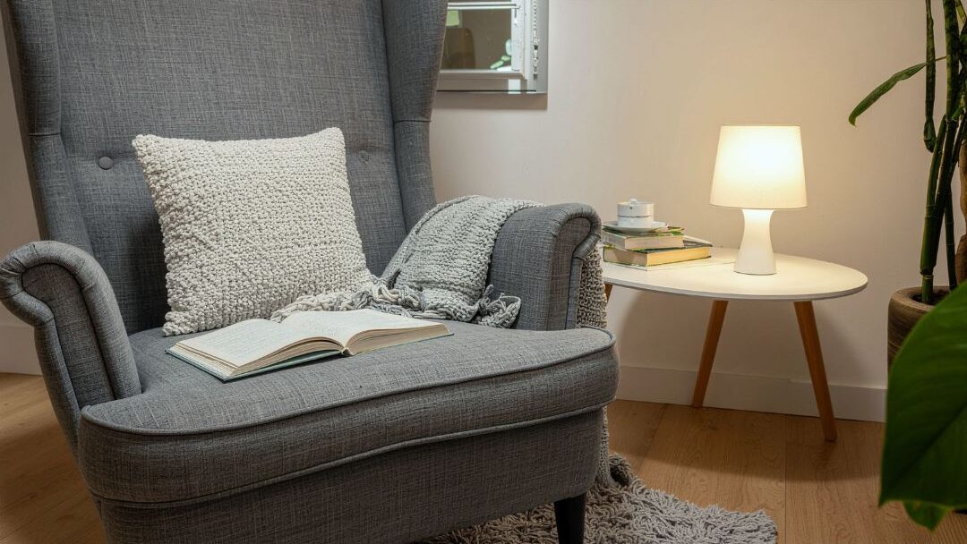 cozy reading corner with armchair soft throw blanket and floor lamp showing sacred rest spot