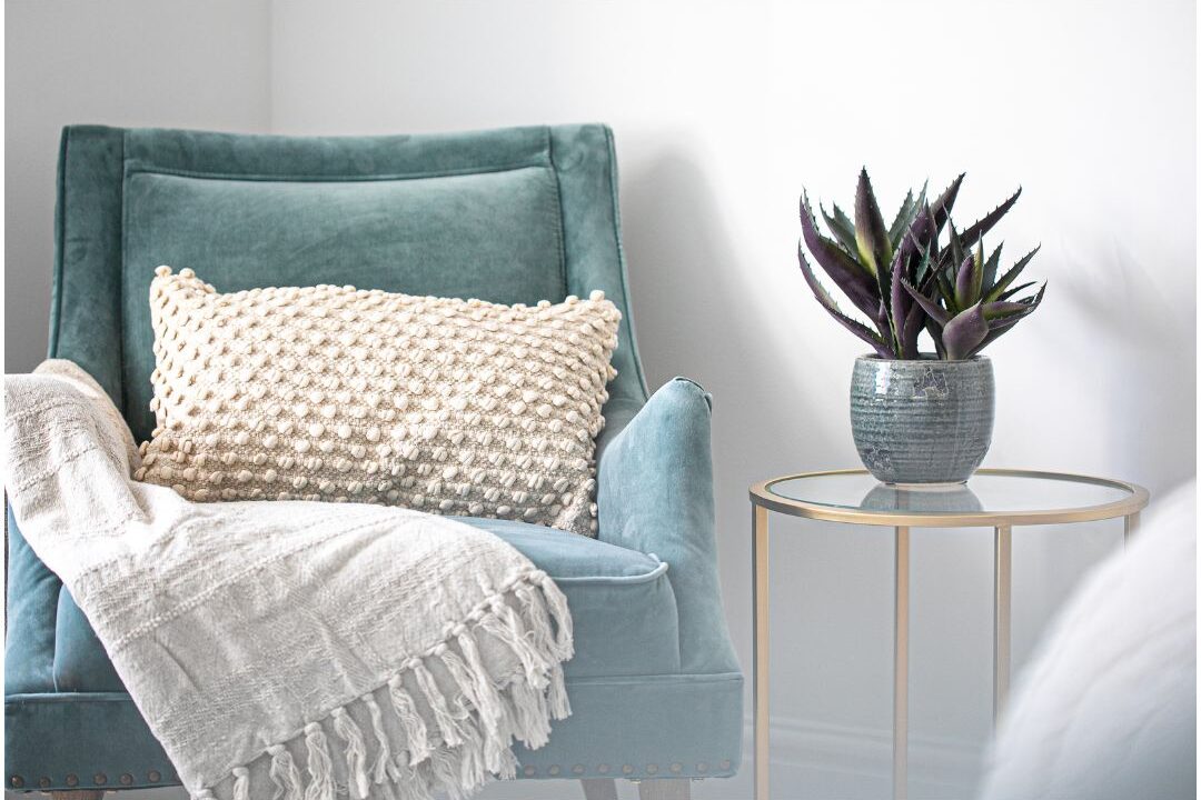 cozy clean armchair with soft throw blanket near potted plant showing clear spatial boundaries