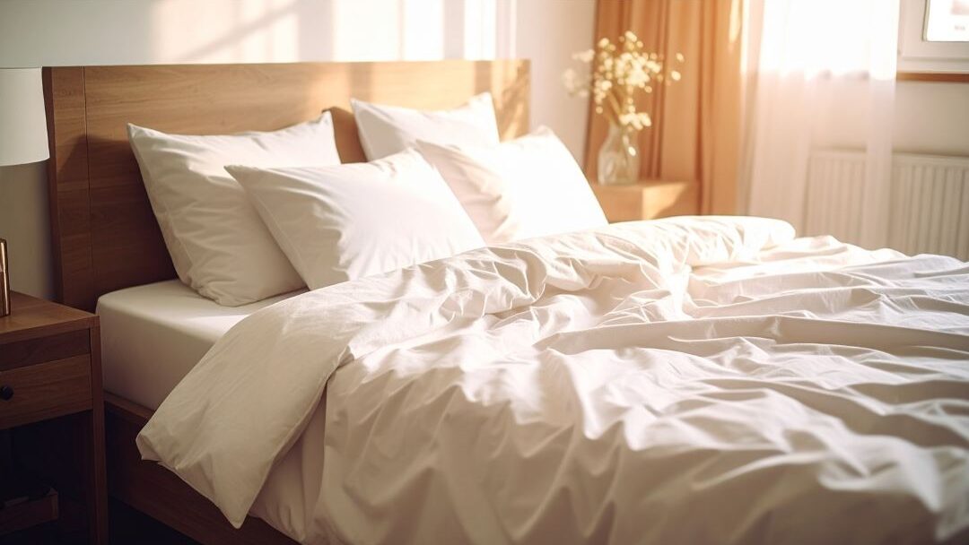 cozy bedroom with white crisp linen sheets and warm sunlight representing daily peace
