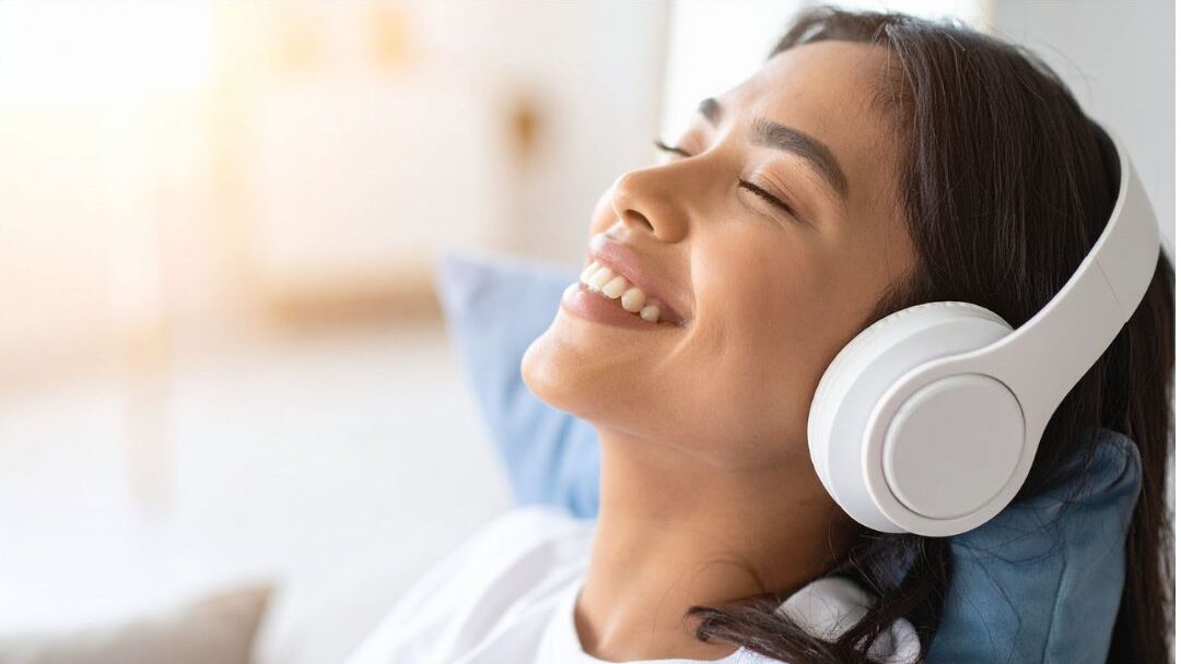 woman wearing headphones listening to music smiling peacefully