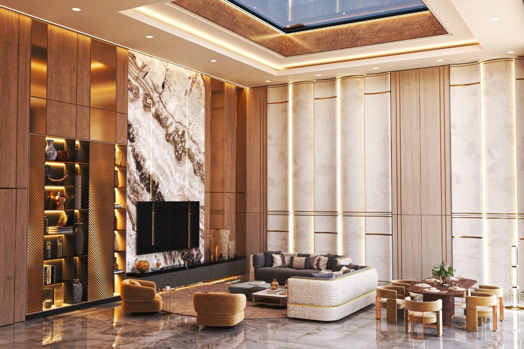 warm cappuccino colored living room with rich wood furniture and marble accents showing color styling