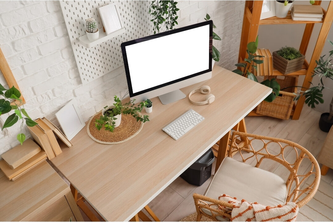 cozy minimal home office desk corner in bright sunlit living room demonstrating clear physical boundaries