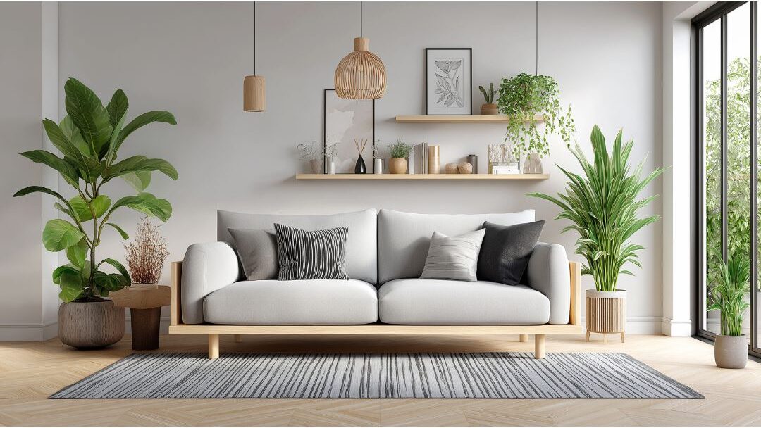 cozy modern living room with soft linen sofa and potted green plants demonstrating how to love staying home again