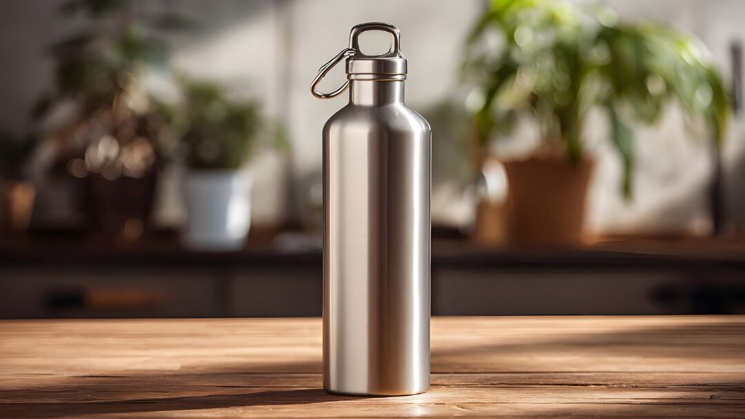 stainless steel reusable water bottle sitting on a kitchen counter saving daily beverage cash