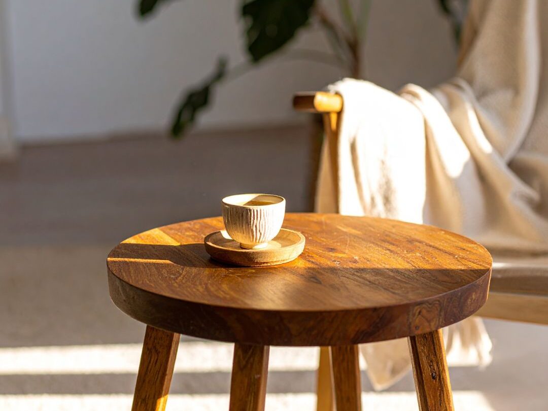 cozy living room with warm sunlight on wooden table creating peaceful home atmosphere