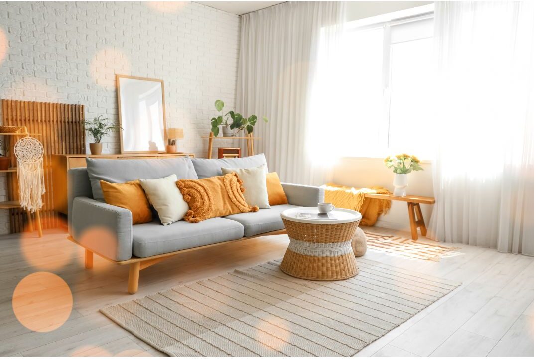 bright cozy living room with soft sunlight on sofa creating a peaceful home environment