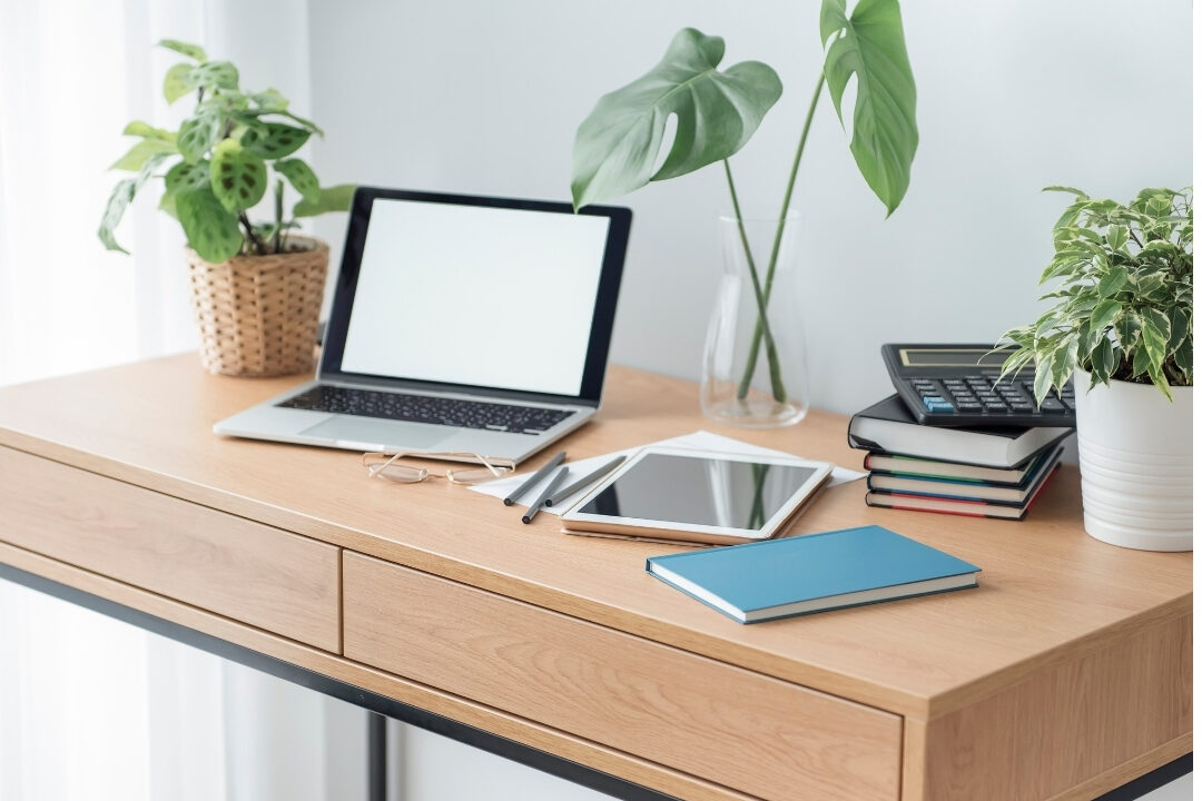 minimalist home office desk with clean laptop and small green plant illustrating organized physical workspace
