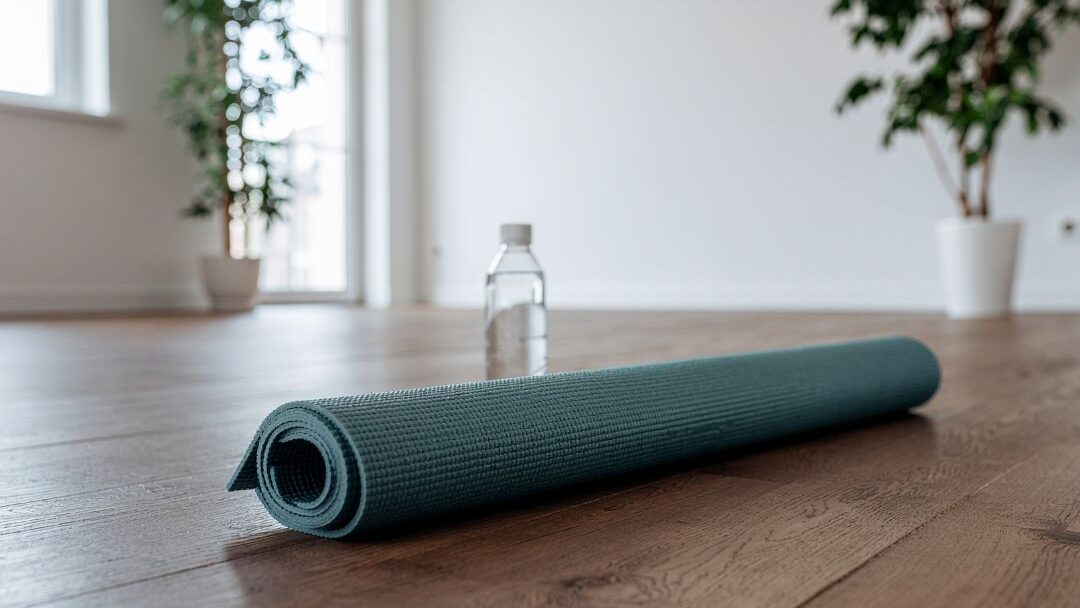 rolled up exercise mat and water bottle sitting unused in a room corner