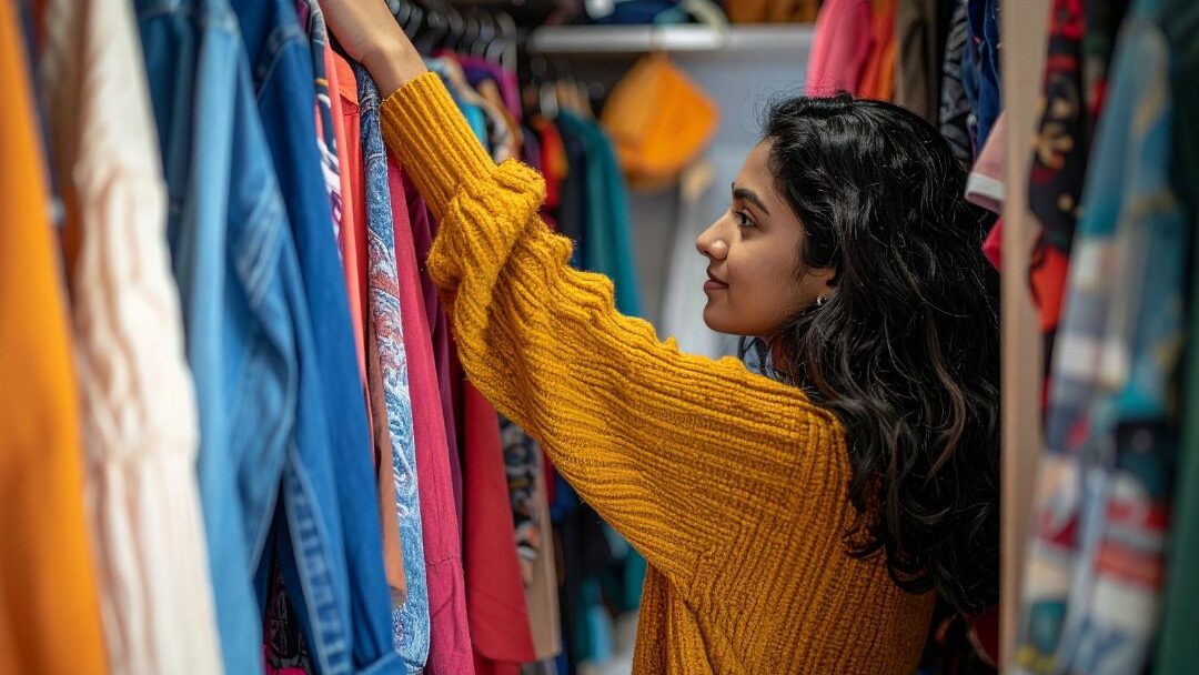 woman selecting her favorite cozy sweater in her wardrobe showing ways to feel like yourself again