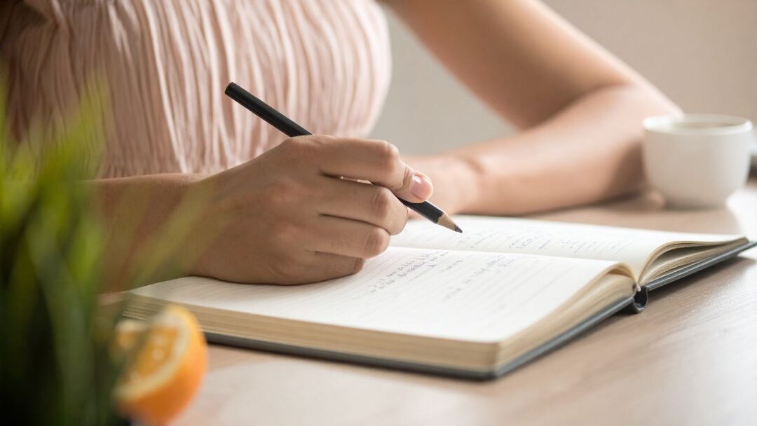woman writing carefully in paper notebook on desk managing daily task list