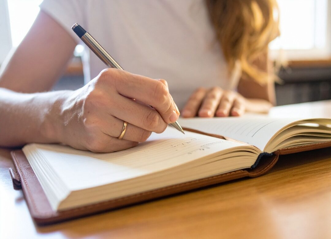woman writing empowering thoughts in leather journal reframing internal narratives